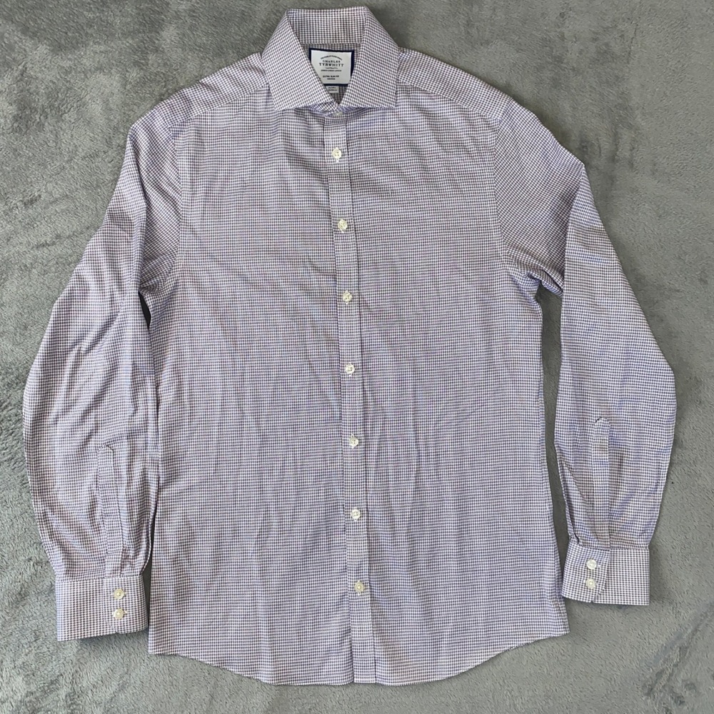 Charles Tyrwhitt Dress Shirt Mens 15/34 Purple Micro Houndstooth Extra Slim Fit